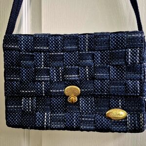 Navy Woven Shoulder Bag with Gold Accents